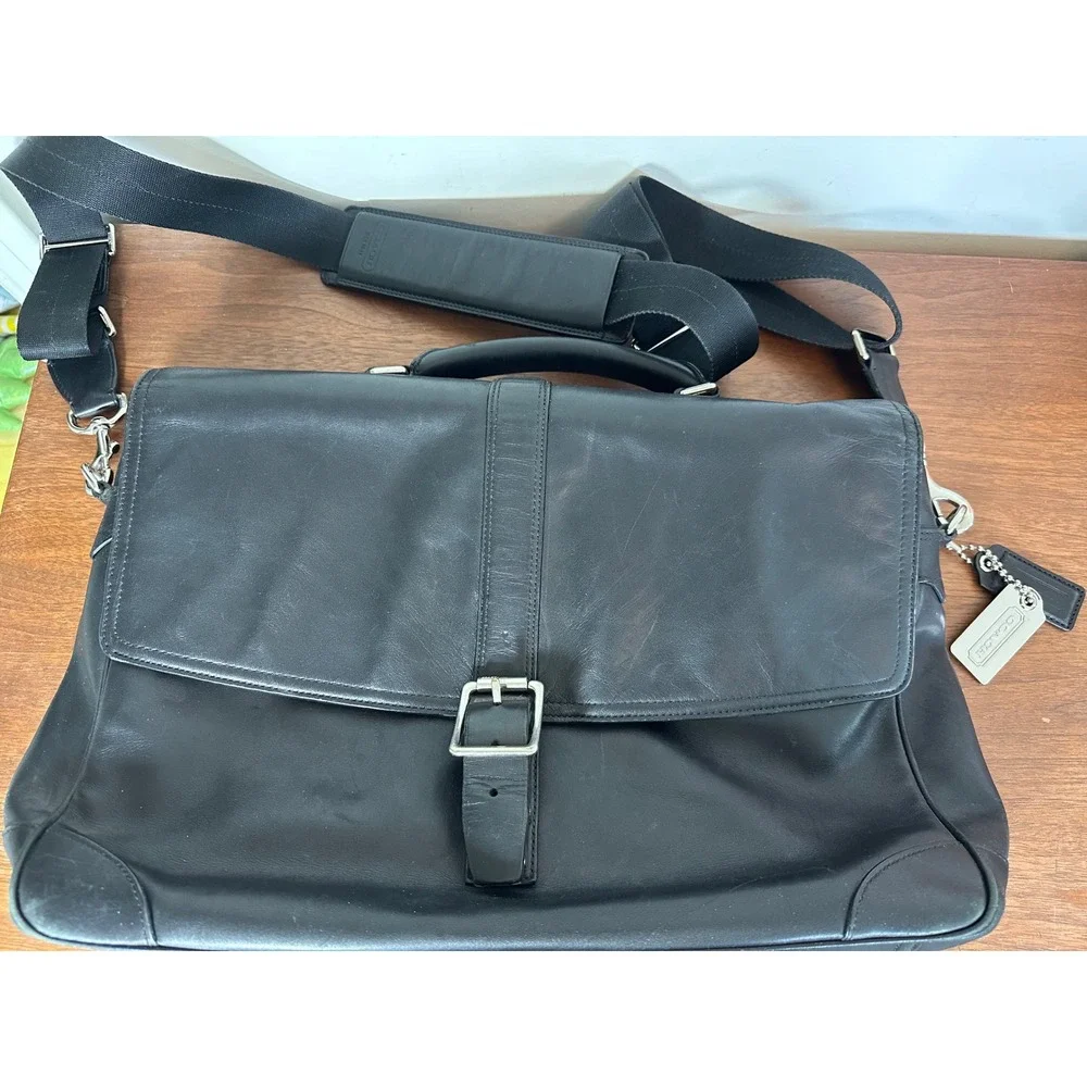 Coach Black Leather Messenger Bag Briefcase Laptop Crossbody Silver Hardware